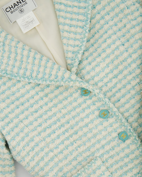 Chanel Vintage 97P Light Blue 
White Stripe Tweed Short Blazer with Blue 
Gold CC Button Detail Size FR 38 (UK 10)