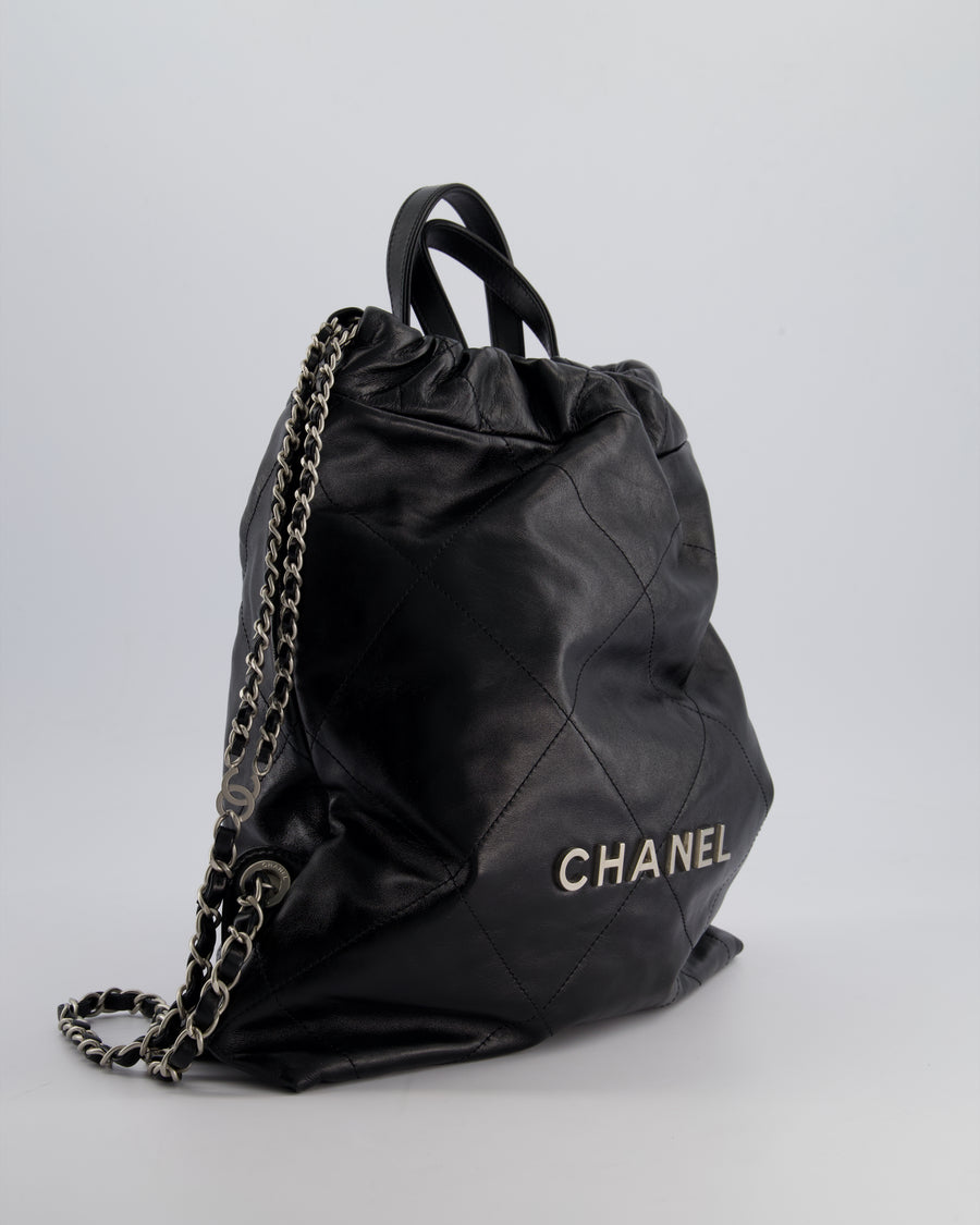 *FIRE PRICE* Chanel 22 Small Backpack Bag in Black Shiny Calfskin with Brushed Silver Hardware