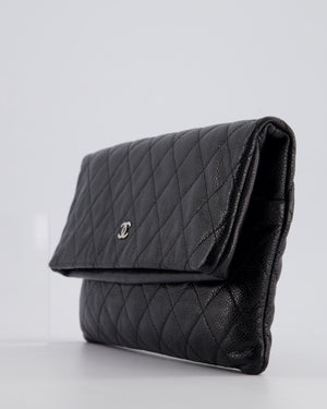 Chanel Black Long Clutch Bag in Caviar Leather with Silver Hardware