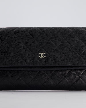 Chanel Black Long Clutch Bag in Caviar Leather with Silver Hardware