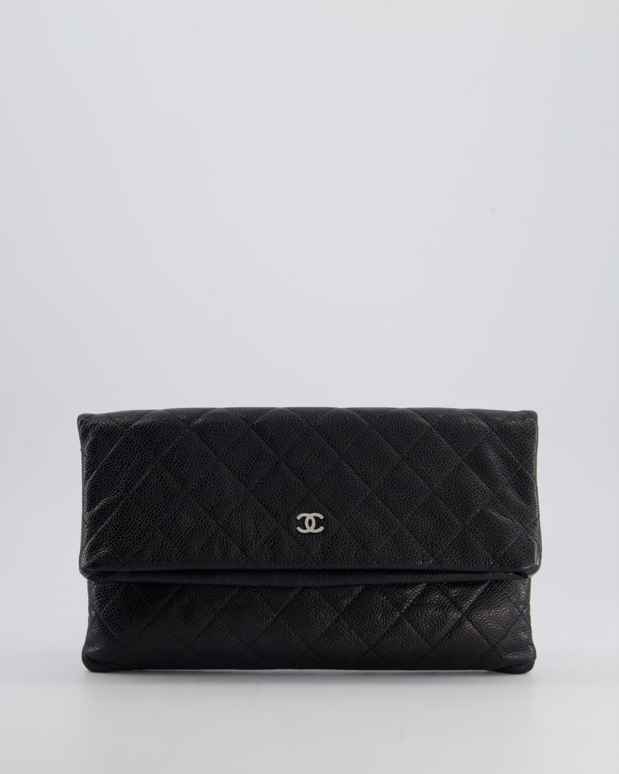 Chanel Black Long Clutch Bag in Caviar Leather with Silver Hardware