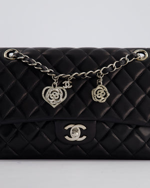 Chanel Black Medium Single Flap Bag with Camelia Crystal Charm Detail Lambskin Leather Silver Hardware