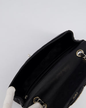 Chanel Black Medium Single Flap Bag with Camelia Crystal Charm Detail Lambskin Leather Silver Hardware