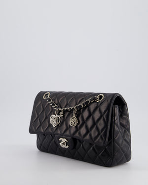 Chanel Black Medium Single Flap Bag with Camelia Crystal Charm Detail Lambskin Leather Silver Hardware