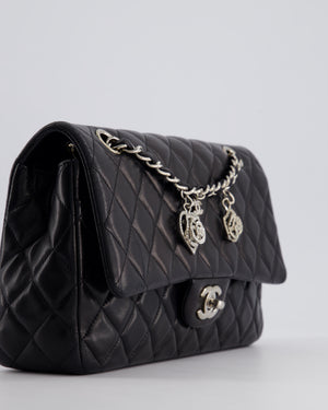 Chanel Black Medium Single Flap Bag with Camelia Crystal Charm Detail Lambskin Leather Silver Hardware