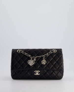 Chanel Black Medium Single Flap Bag with Camelia Crystal Charm Detail Lambskin Leather Silver Hardware