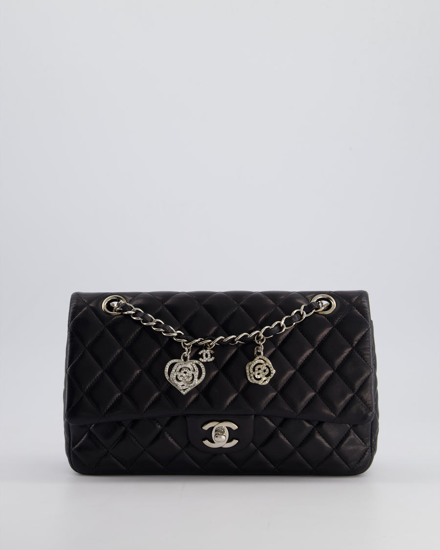 Chanel Black Medium Single Flap Bag with Camelia Crystal Charm Detail Lambskin Leather Silver Hardware