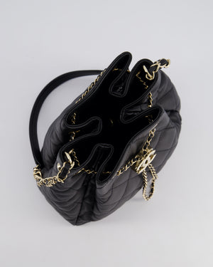 Chanel Black Quilted Bucket Bag in Lambskin Leather with Champagne Gold Hardware