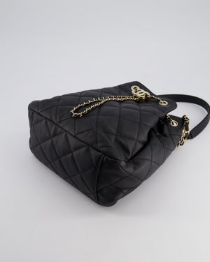 Chanel Black Quilted Bucket Bag in Lambskin Leather with Champagne Gold Hardware