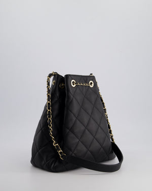 Chanel Black Quilted Bucket Bag in Lambskin Leather with Champagne Gold Hardware