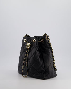 Chanel Black Quilted Bucket Bag in Lambskin Leather with Champagne Gold Hardware