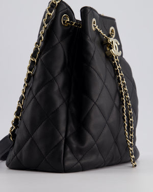 Chanel Black Quilted Bucket Bag in Lambskin Leather with Champagne Gold Hardware