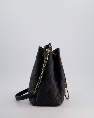 Chanel Black Quilted Bucket Bag in Lambskin Leather with Champagne Gold Hardware