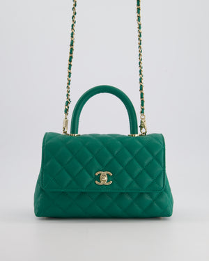 *RARE* Chanel Small Emerald Green Coco Flap Top Handle Bag in Caviar Quilted Leather with Champagne Gold Hardware