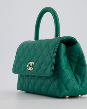 *RARE* Chanel Small Emerald Green Coco Flap Top Handle Bag in Caviar Quilted Leather with Champagne Gold Hardware