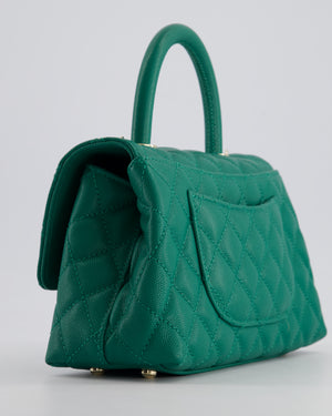 *RARE* Chanel Small Emerald Green Coco Flap Top Handle Bag in Caviar Quilted Leather with Champagne Gold Hardware