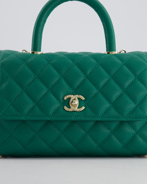 *RARE* Chanel Small Emerald Green Coco Flap Top Handle Bag in Caviar Quilted Leather with Champagne Gold Hardware