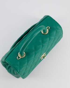 *RARE* Chanel Small Emerald Green Coco Flap Top Handle Bag in Caviar Quilted Leather with Champagne Gold Hardware