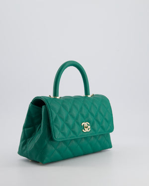 *RARE* Chanel Small Emerald Green Coco Flap Top Handle Bag in Caviar Quilted Leather with Champagne Gold Hardware