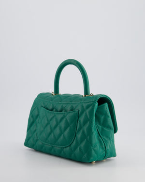 *RARE* Chanel Small Emerald Green Coco Flap Top Handle Bag in Caviar Quilted Leather with Champagne Gold Hardware