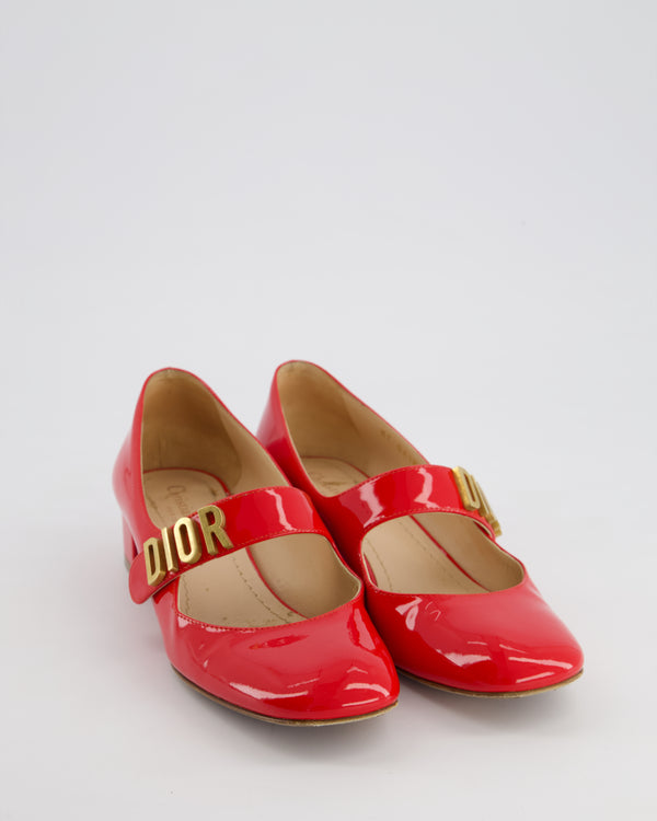 Christian Dior Red Baby-D Mary Jane Ballerina in Patent Leather with Gold Logo Detail Size EU 36