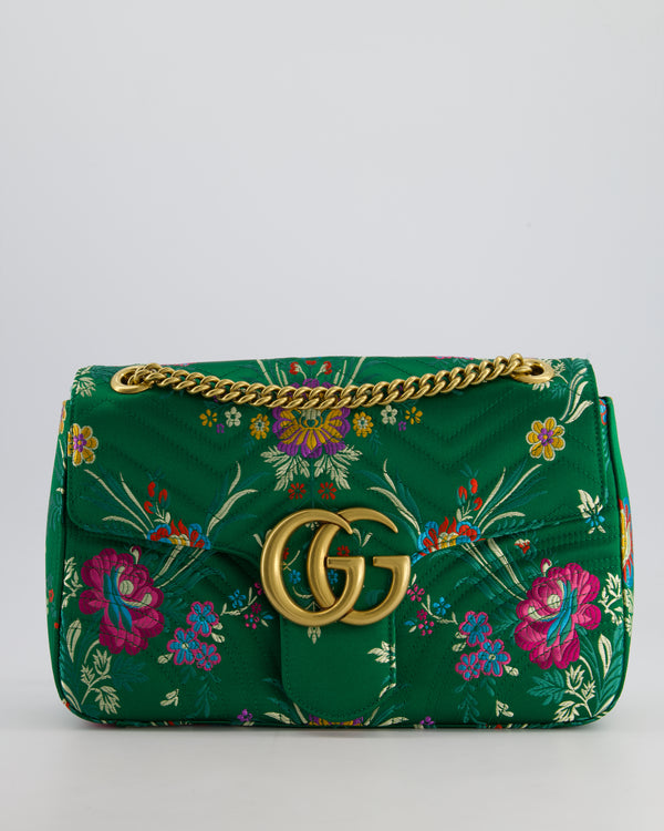 Gucci Green Silk Floral Medium GG Marmont Shoulder Bag with Gold Hardware