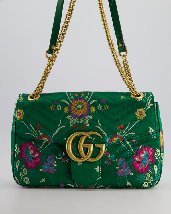 Gucci Green Silk Floral Medium GG Marmont Shoulder Bag with Gold Hardware