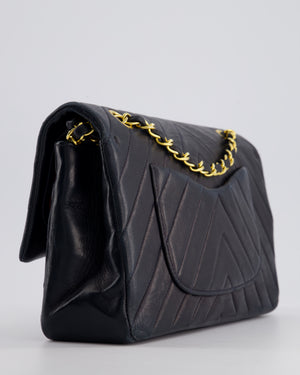 Chanel Navy Vintage Classic Medium Chevron Double Flap Bag in Lambskin Leather with 24K Gold Hardware