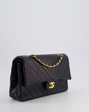 Chanel Navy Vintage Classic Medium Chevron Double Flap Bag in Lambskin Leather with 24K Gold Hardware