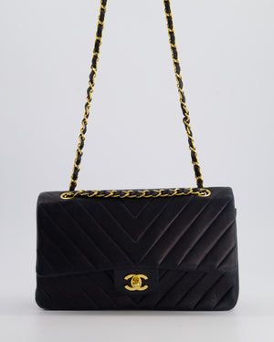 Chanel Navy Vintage Classic Medium Chevron Double Flap Bag in Lambskin Leather with 24K Gold Hardware