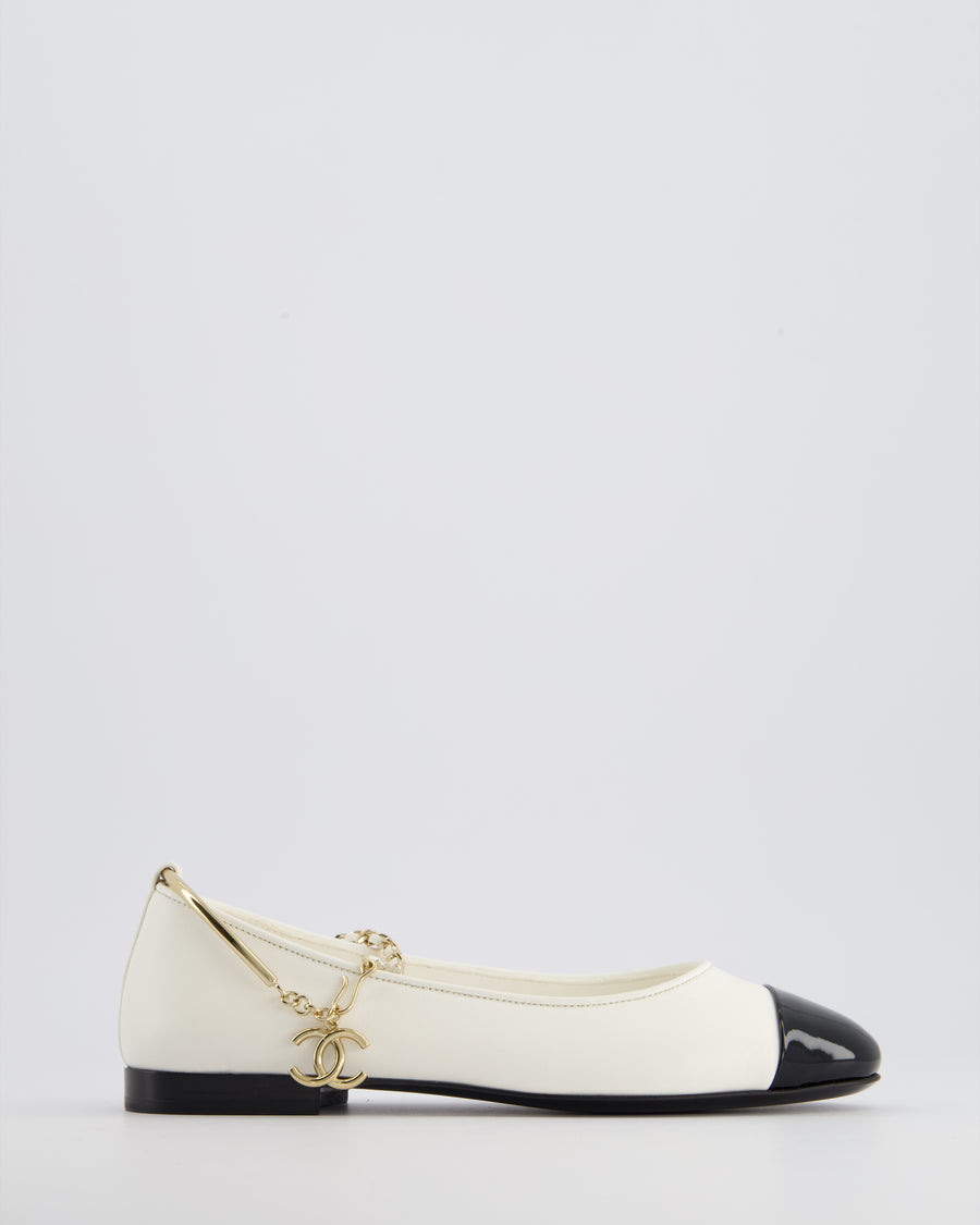 *HOT* Chanel White Ballerina Shoes In Leather with CC Charm Ankle Strap 
Black Patent Leather Toe Detail Size EU 34.5