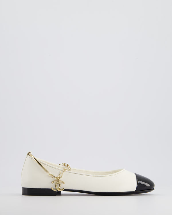 *HOT* Chanel White Ballerina Shoes In Leather with CC Charm Ankle Strap 
Black Patent Leather Toe Detail Size EU 34.5