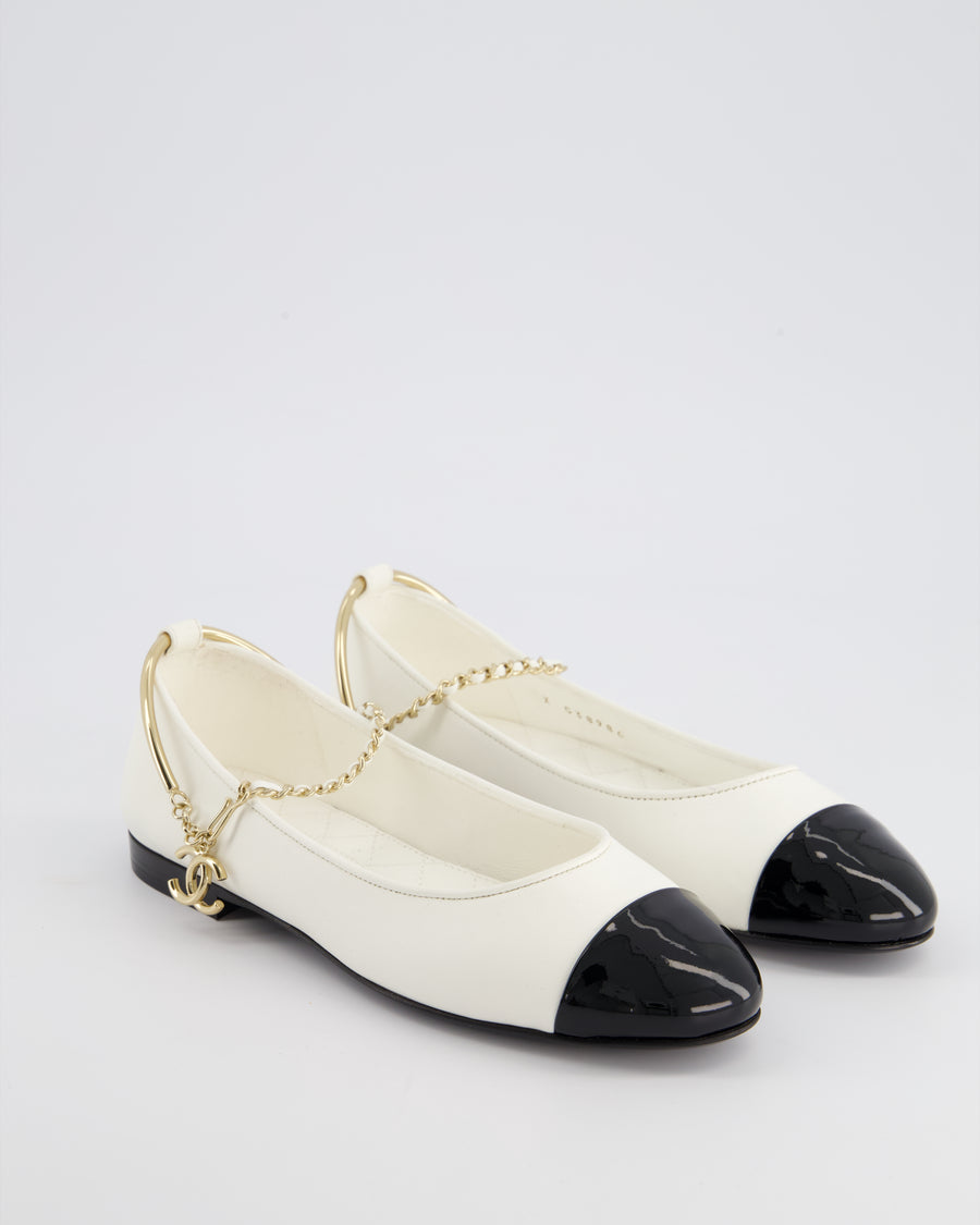 *HOT* Chanel White Ballerina Shoes In Leather with CC Charm Ankle Strap 
Black Patent Leather Toe Detail Size EU 34.5