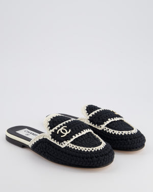 Chanel 23S Navy 
Cream Crochet Mules with Patent CC Logo Detail Size EU 35