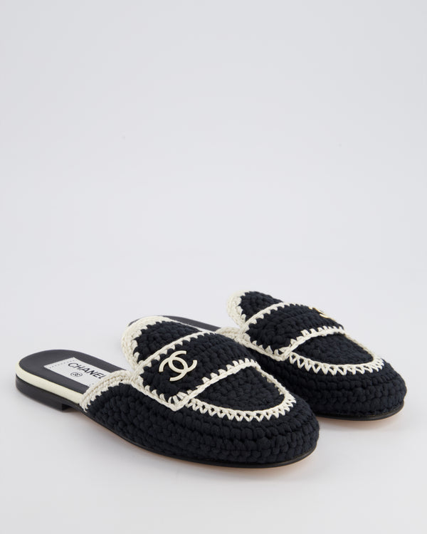 Chanel 23S Navy 
Cream Crochet Mules with Patent CC Logo Detail Size EU 35