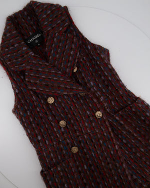 Chanel 16P Mohair Red 
Blue Tweed Gilet Jacket With Bronze Button Detail Size FR 36 (UK 8)