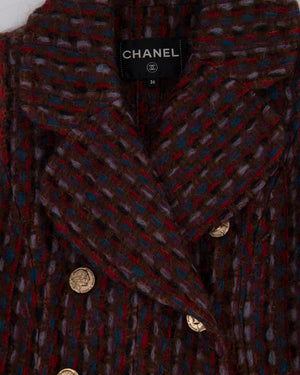 Chanel 16P Mohair Red 
Blue Tweed Gilet Jacket With Bronze Button Detail Size FR 36 (UK 8)