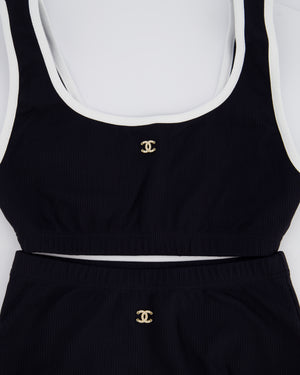 Chanel 22S Black Two Piece Swim Suit Set with White Trim and Crystal CC Logo Detail Size Top FR 36 (UK 8) Bottoms FR 34 (UK 6)