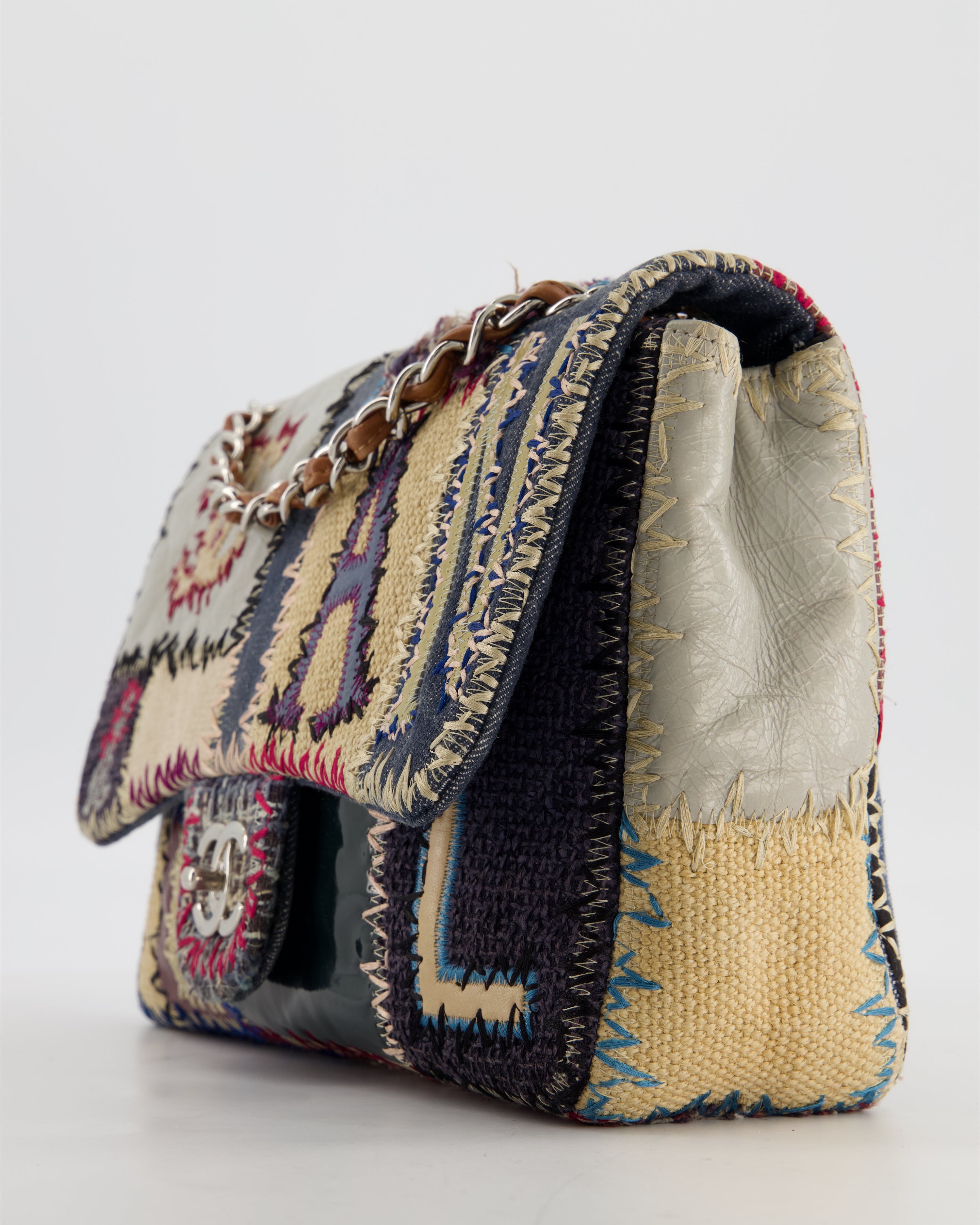 *RARE* Chanel Blue, Cream and Purple Patchwork Single Flap Bag in Tweed and Patent Leather with Silver Hardware