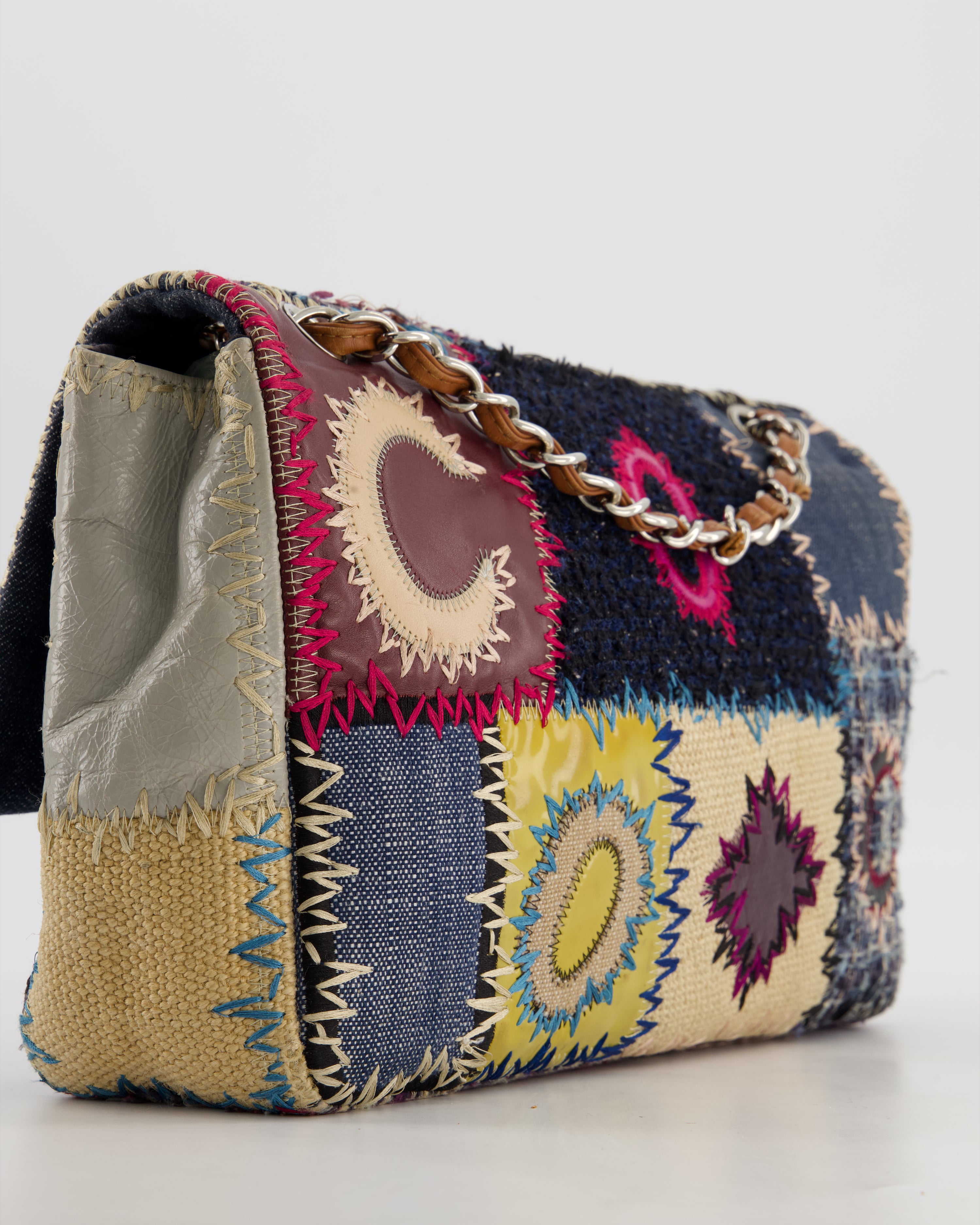 *RARE* Chanel Blue, Cream and Purple Patchwork Single Flap Bag in Tweed and Patent Leather with Silver Hardware