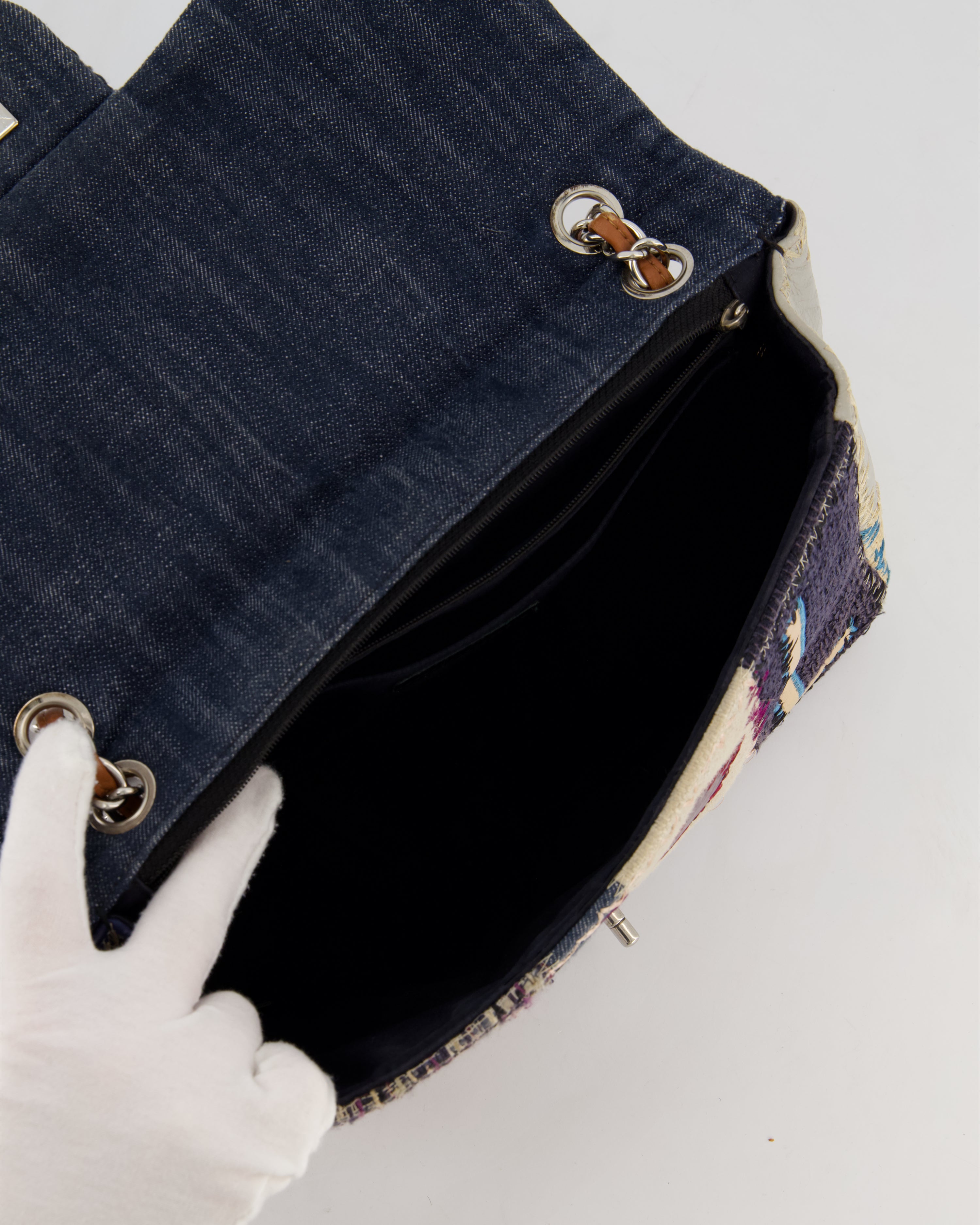 *RARE* Chanel Blue, Cream and Purple Patchwork Single Flap Bag in Tweed and Patent Leather with Silver Hardware