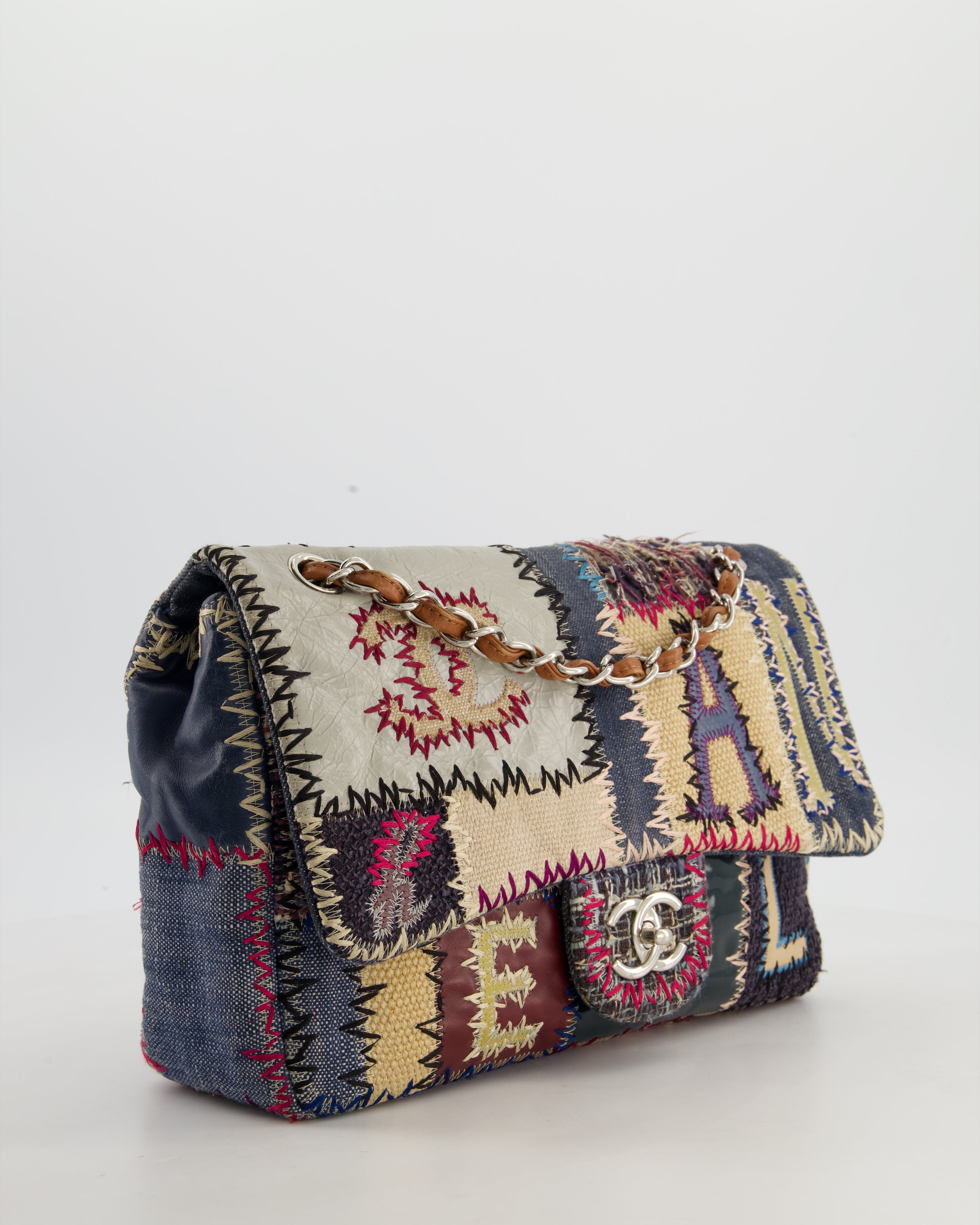 *RARE* Chanel Blue, Cream and Purple Patchwork Single Flap Bag in Tweed and Patent Leather with Silver Hardware