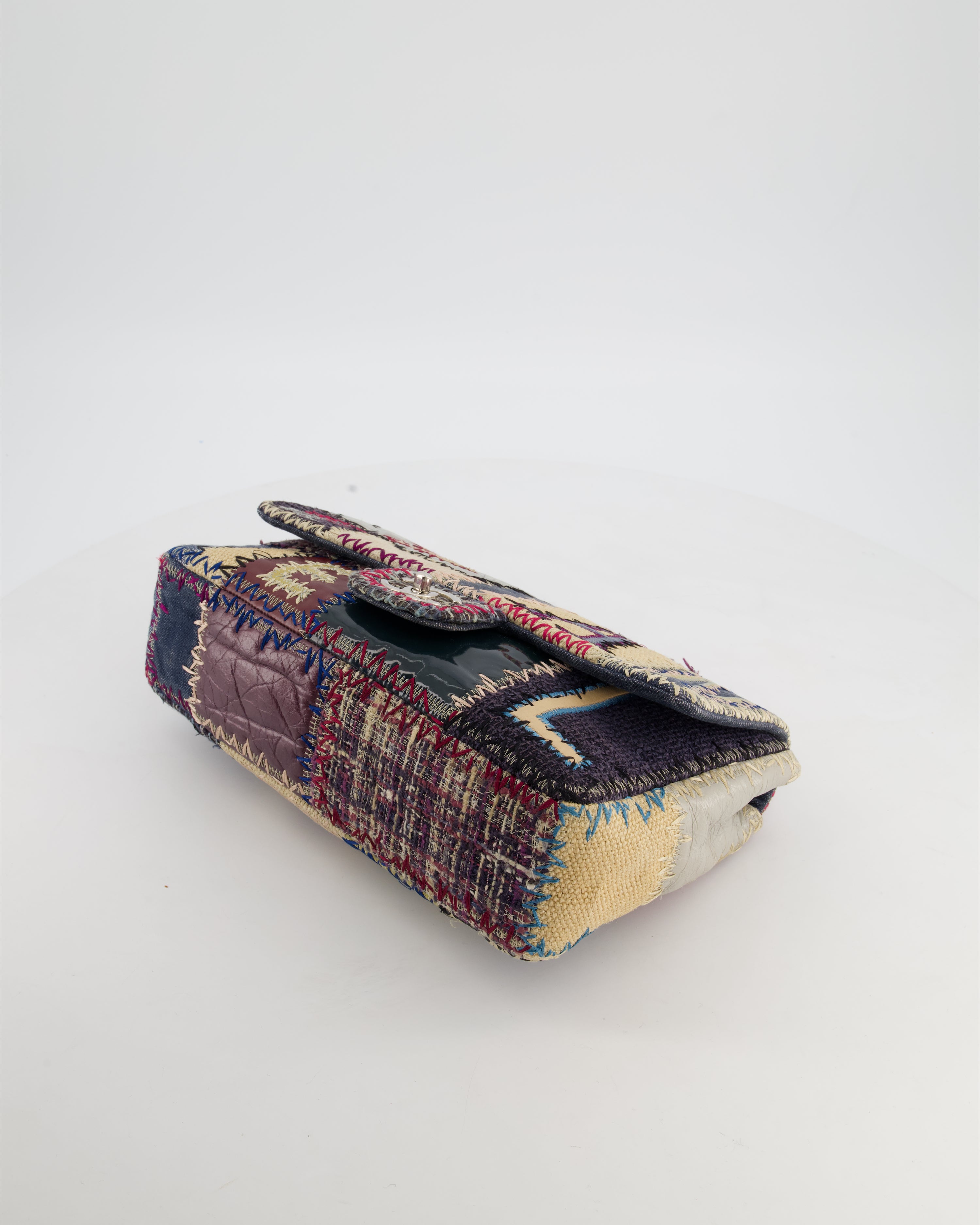 *RARE* Chanel Blue, Cream and Purple Patchwork Single Flap Bag in Tweed and Patent Leather with Silver Hardware