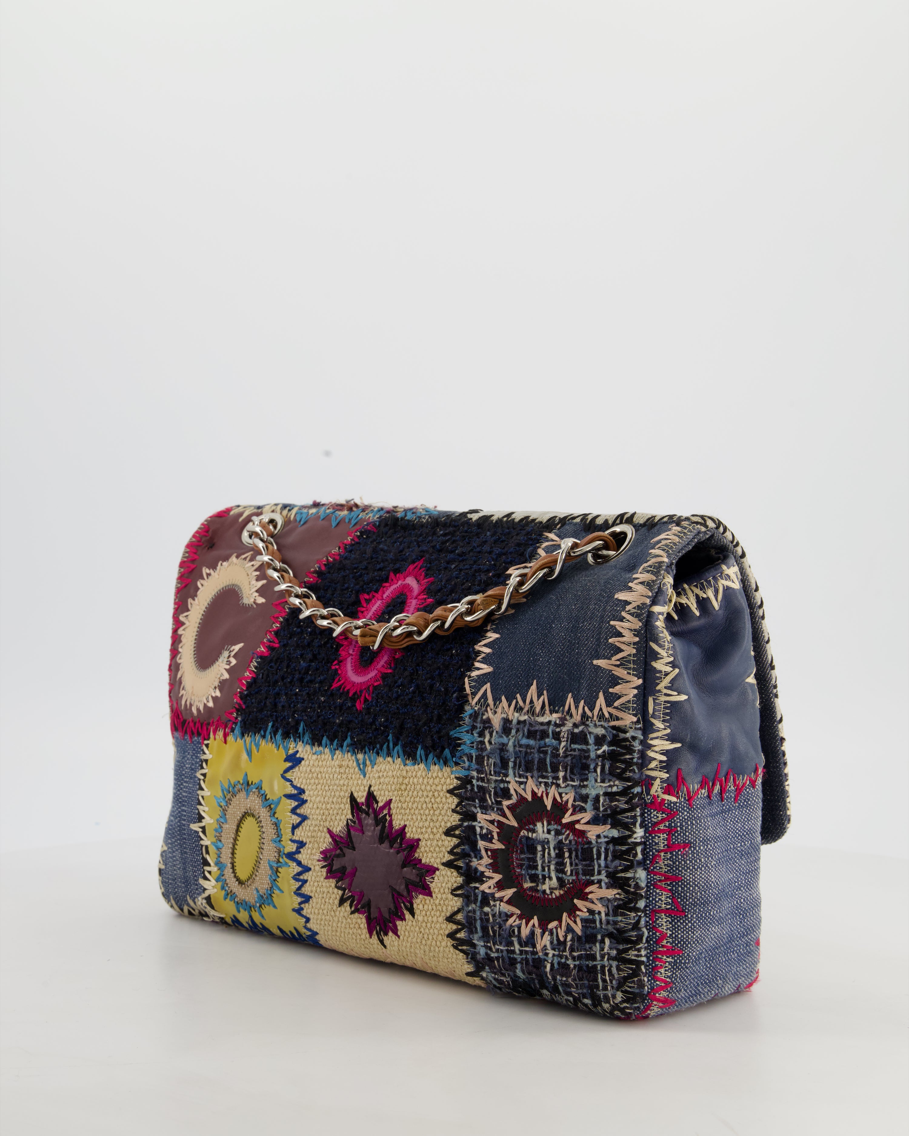 *RARE* Chanel Blue, Cream and Purple Patchwork Single Flap Bag in Tweed and Patent Leather with Silver Hardware