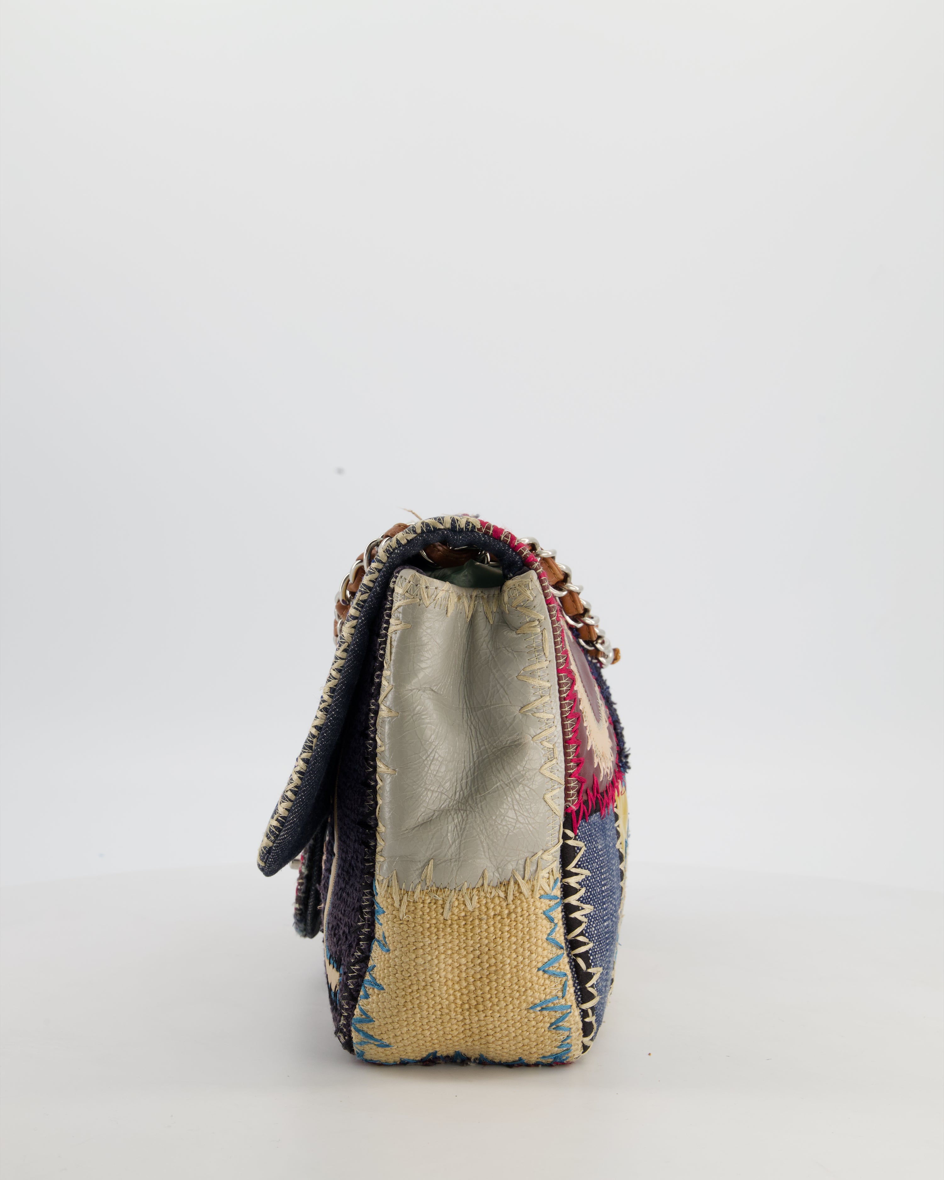 *RARE* Chanel Blue, Cream and Purple Patchwork Single Flap Bag in Tweed and Patent Leather with Silver Hardware