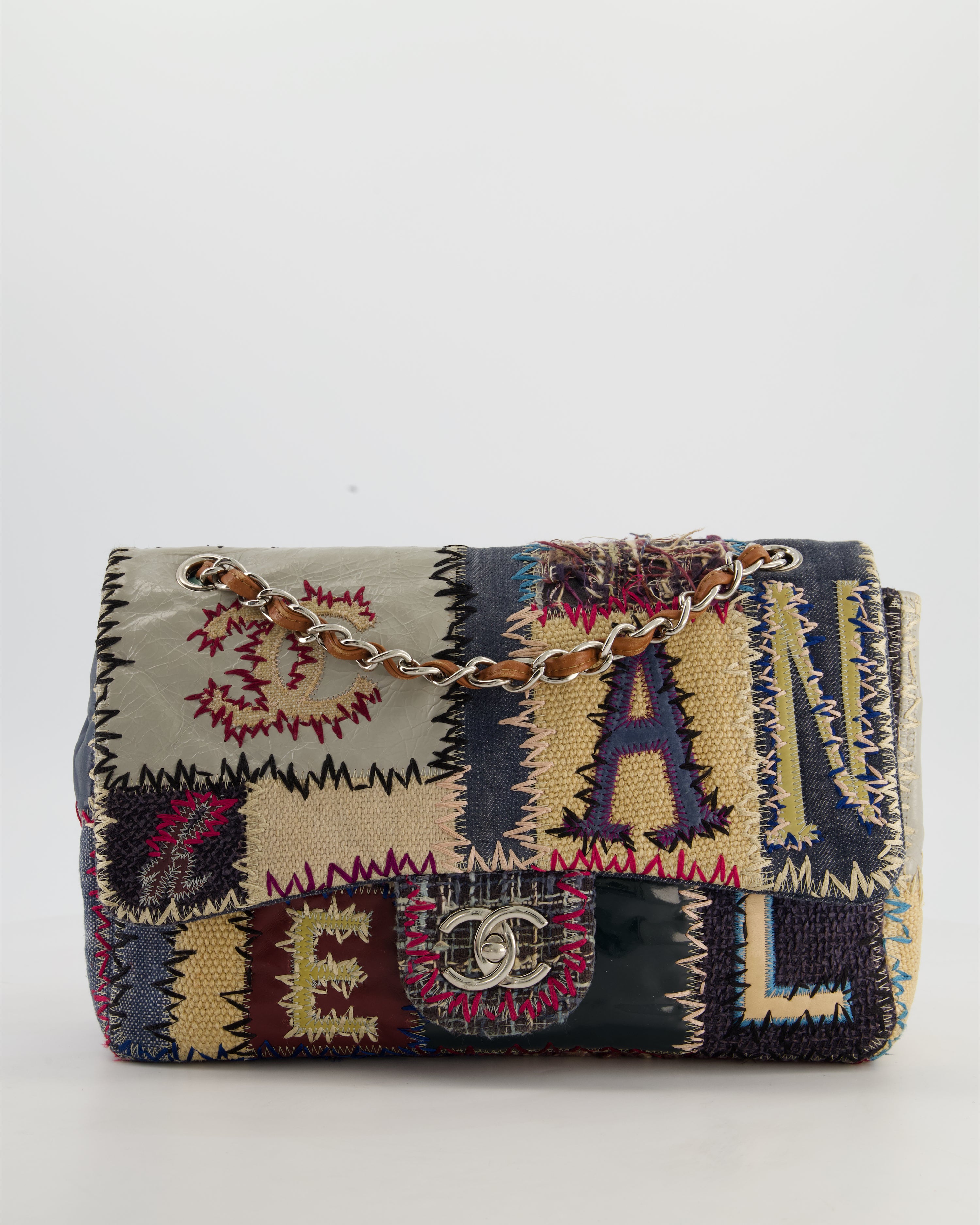 *RARE* Chanel Blue, Cream and Purple Patchwork Single Flap Bag in Tweed and Patent Leather with Silver Hardware