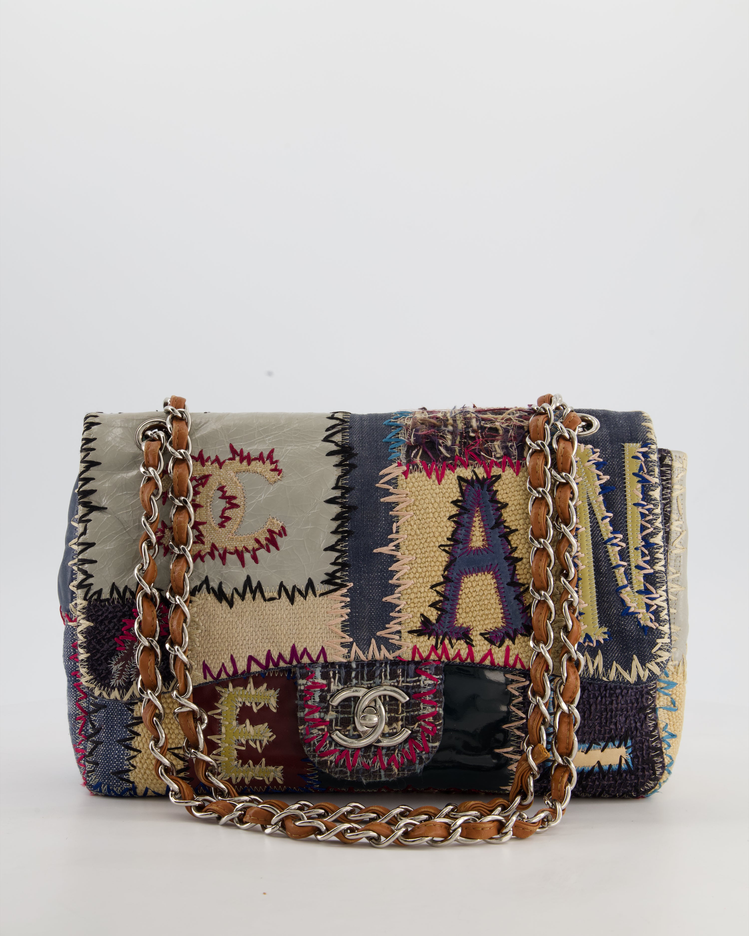 *RARE* Chanel Blue, Cream and Purple Patchwork Single Flap Bag in Tweed and Patent Leather with Silver Hardware