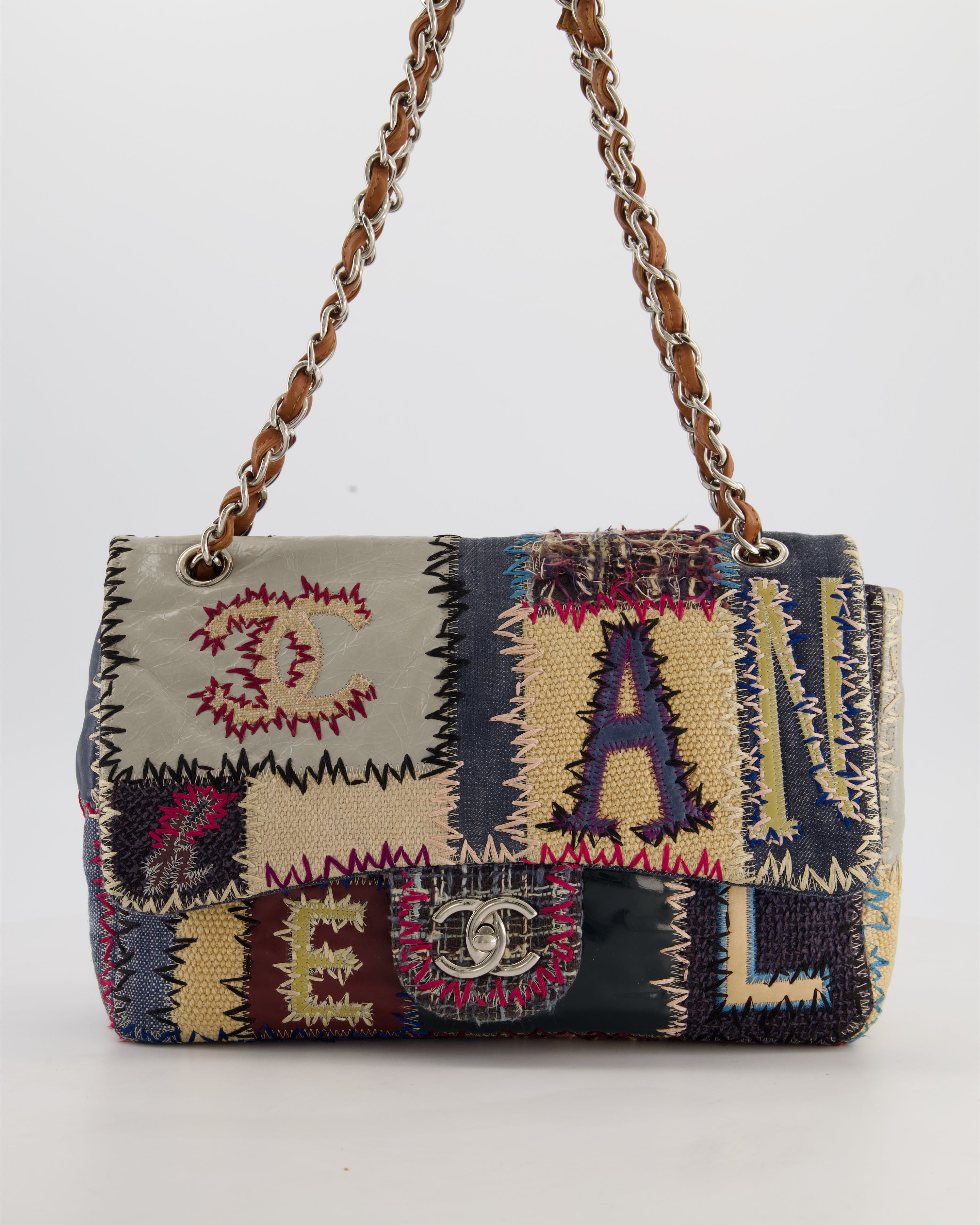 *RARE* Chanel Blue, Cream and Purple Patchwork Single Flap Bag in Tweed and Patent Leather with Silver Hardware