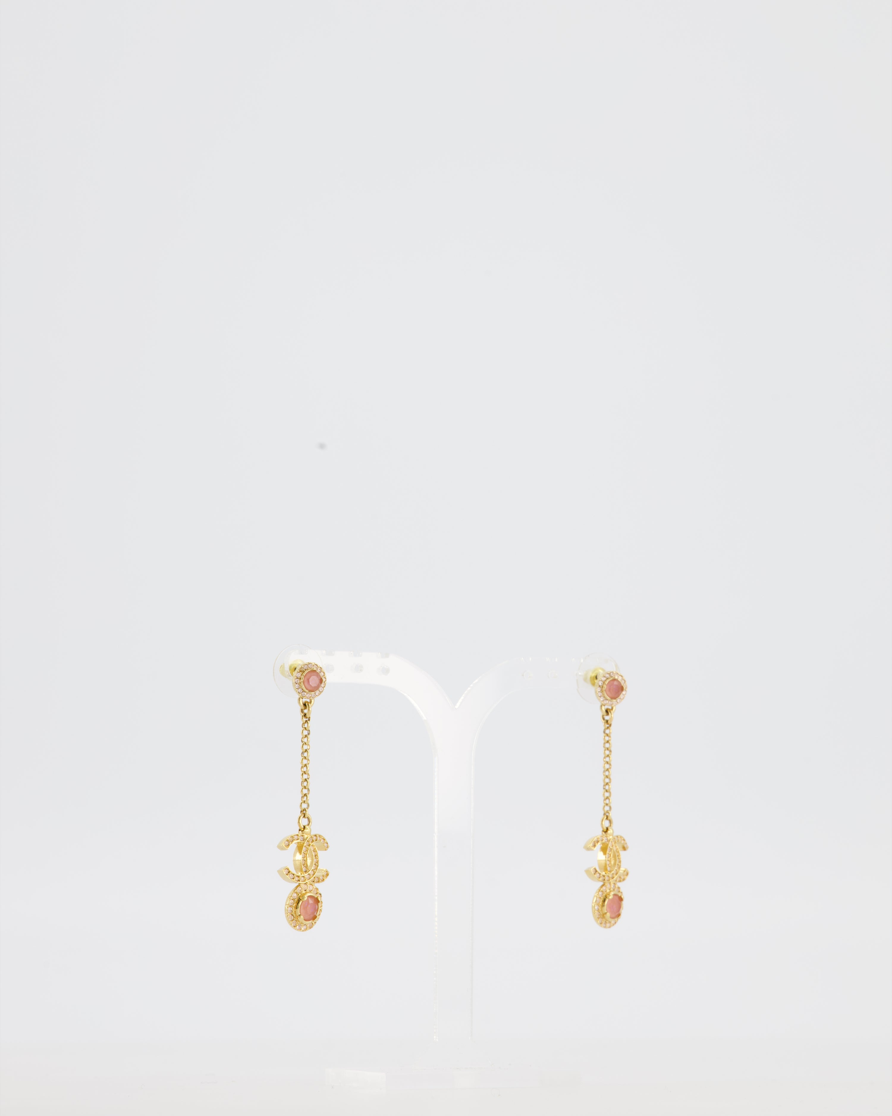 Chanel Gold CC and Light Pink Stone Drop Earrings