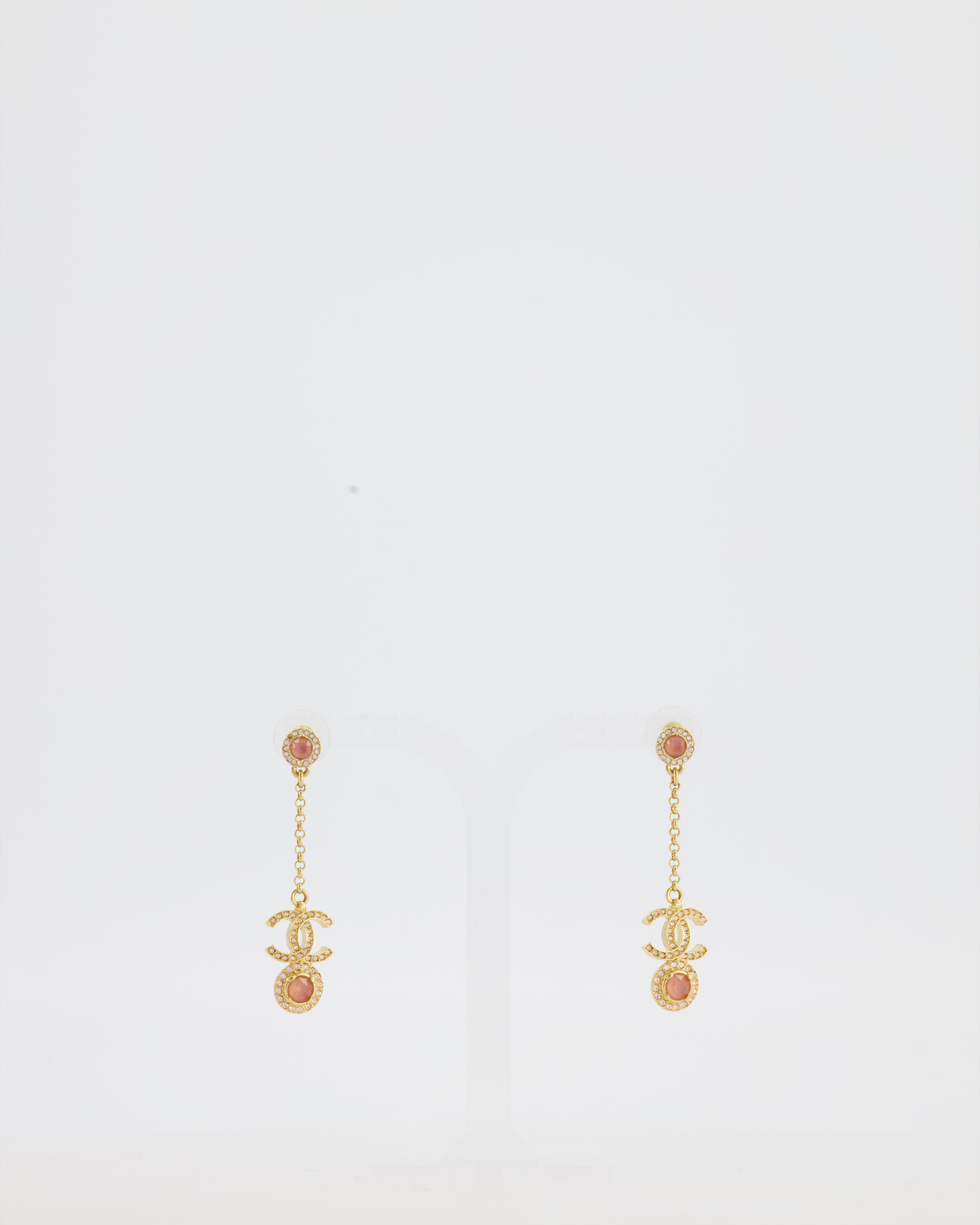 Chanel Gold CC and Light Pink Stone Drop Earrings
